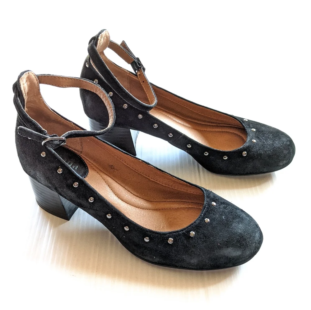 MONTANA Carg Silver Studded Black Suede Ankle Strap Block Heel Pumps size 7